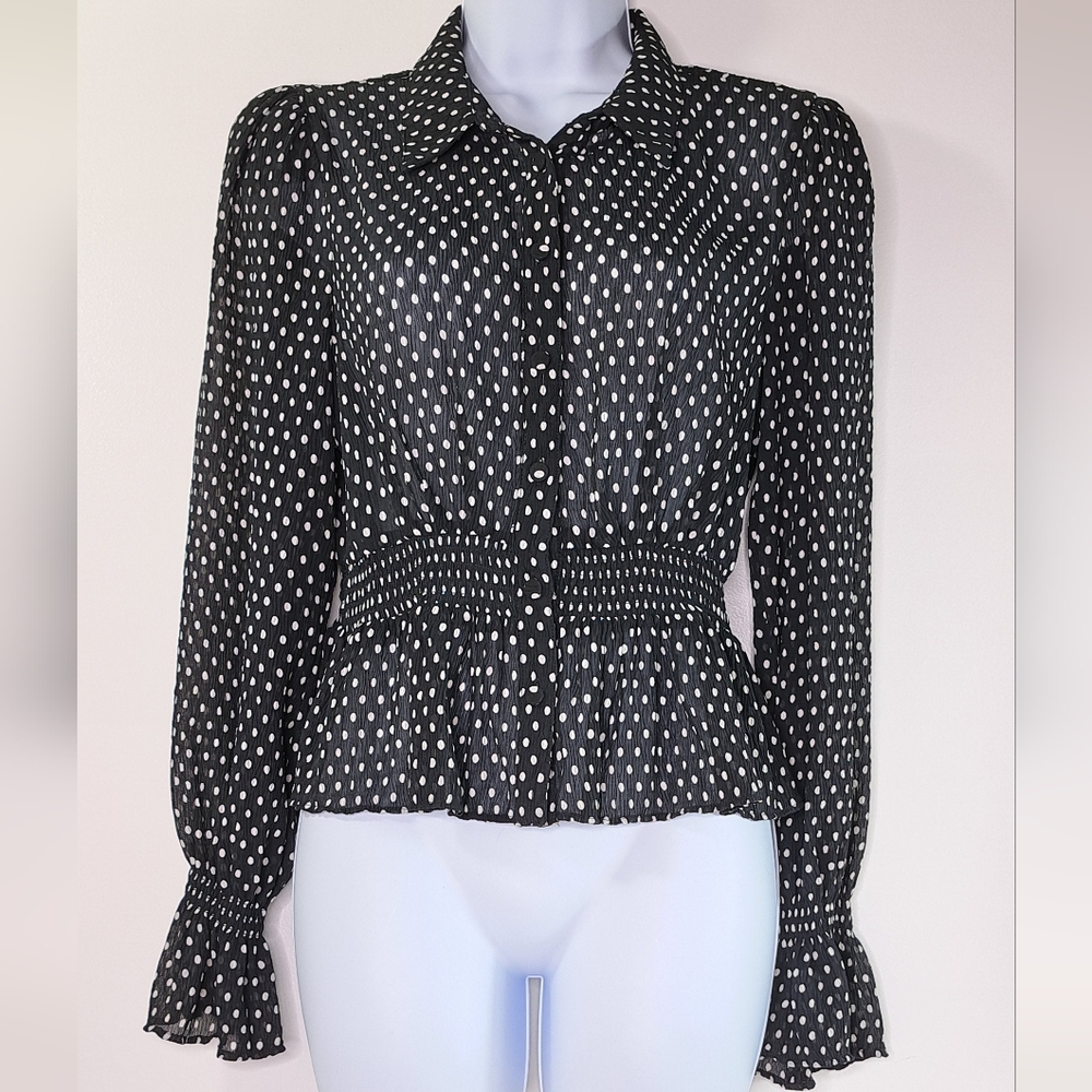 L'Academie Black & White Polka Dot Long-Sleeve Blouse